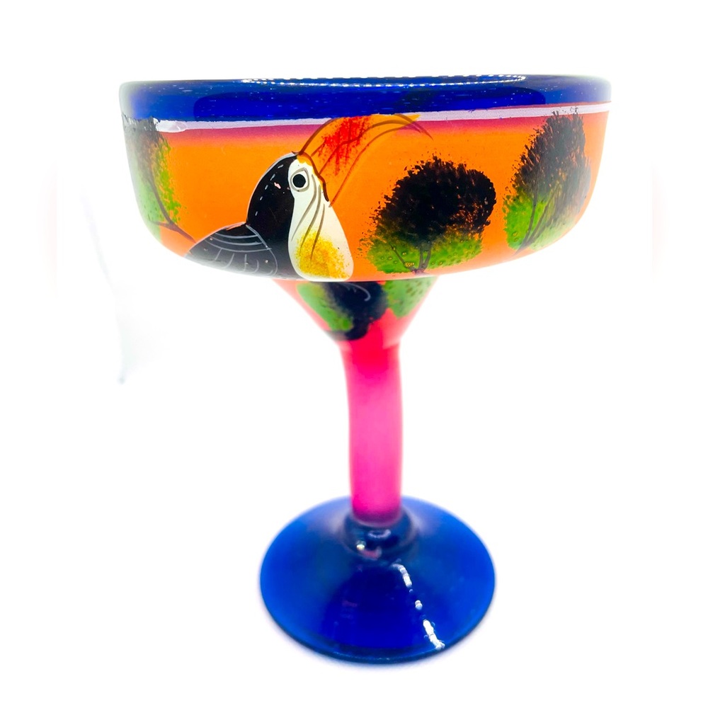 Vintage Mexican Margarita Glass Blue Hand Painted Hand-Blown 20oz Art